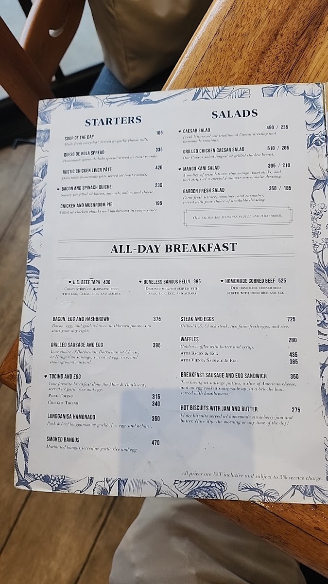 Mom & Tina's Bakery Cafe menu board