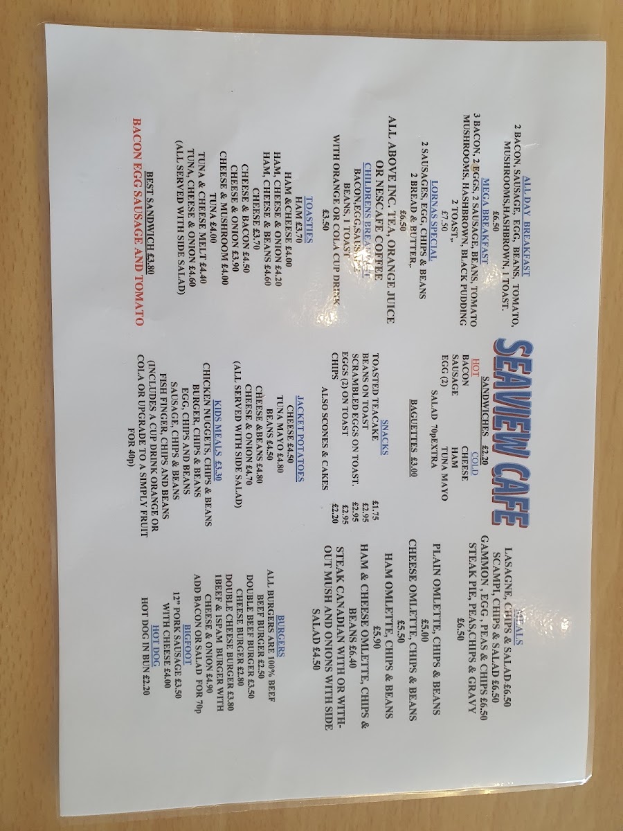 Seaview Cafe menu board