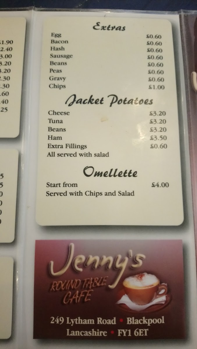 Jenny's Round Table Cafe menu board