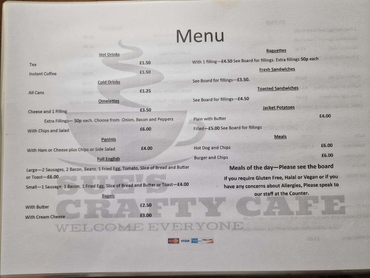 Sue's Crafty Cafe menu board