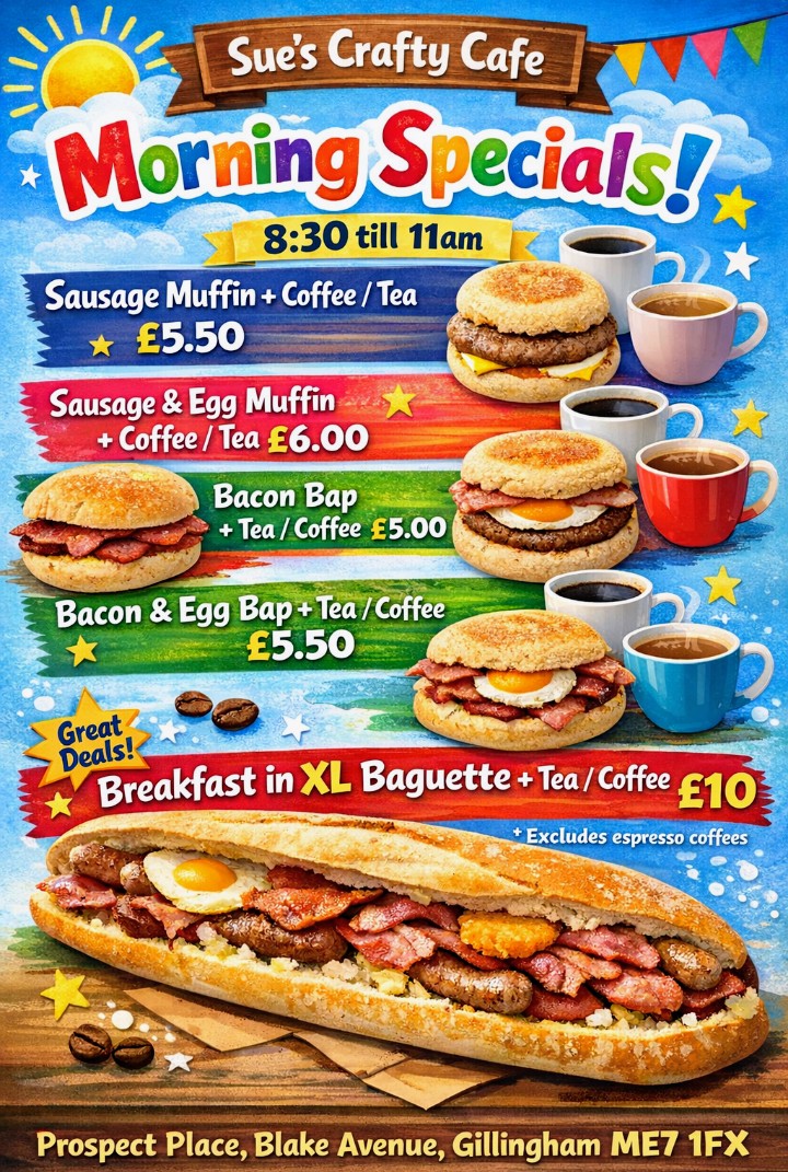 Sue's Crafty Cafe menu board