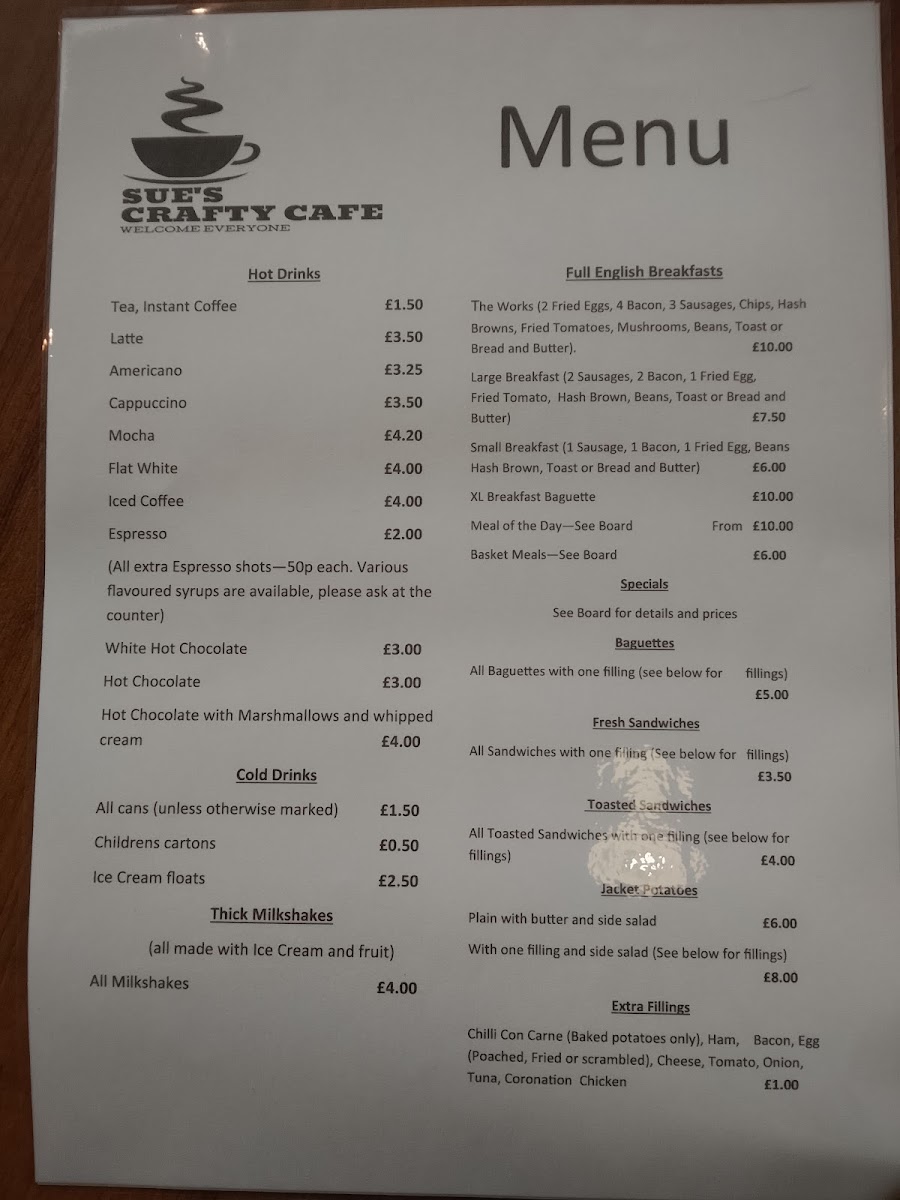 Sue's Crafty Cafe menu board