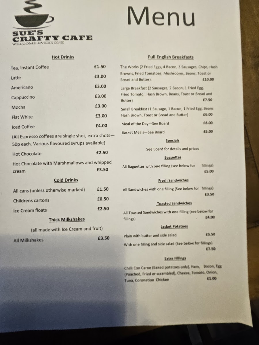 Sue's Crafty Cafe menu board