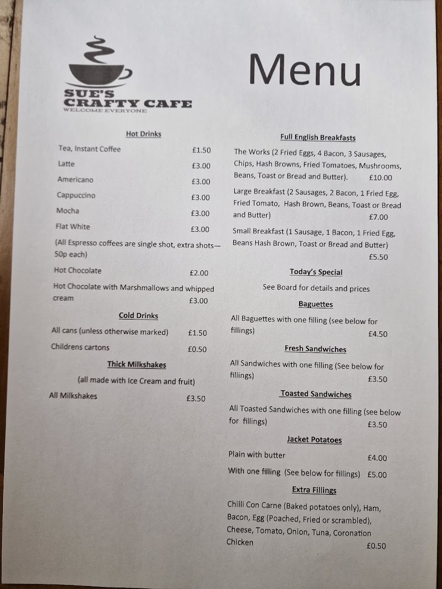 Sue's Crafty Cafe menu board