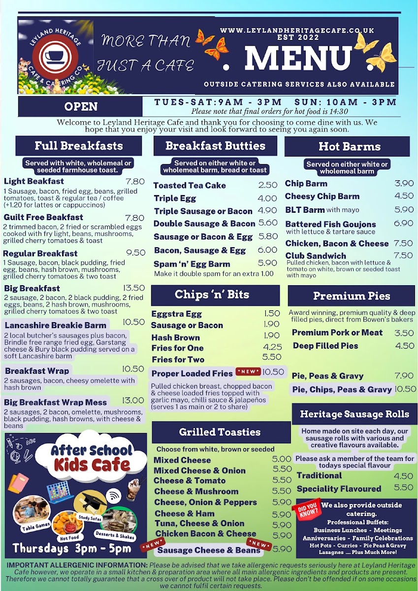 Leyland Heritage Café & Catering Co Ltd menu board