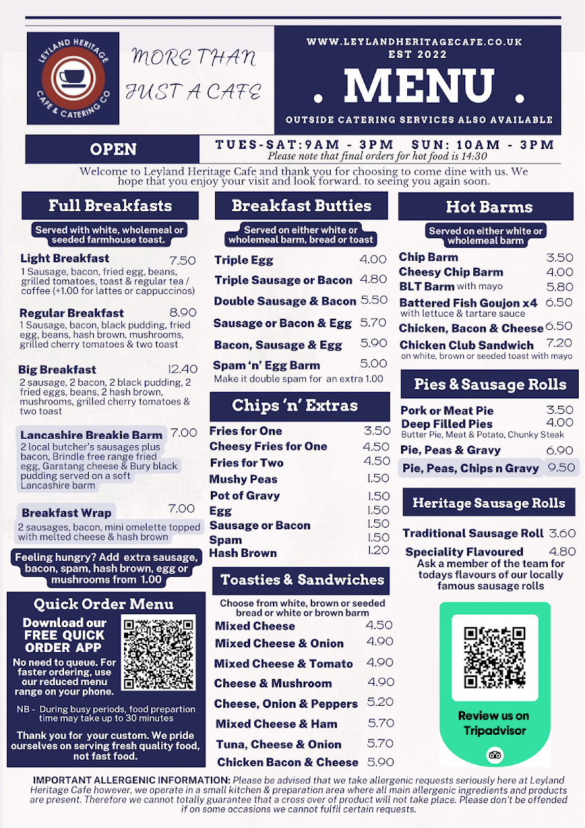 Leyland Heritage Café & Catering Co Ltd menu board