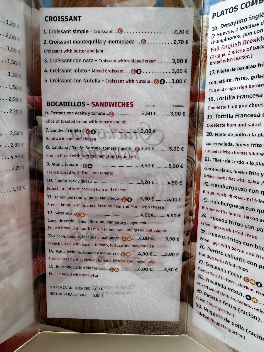Cafeteria bar La Pinta menu board