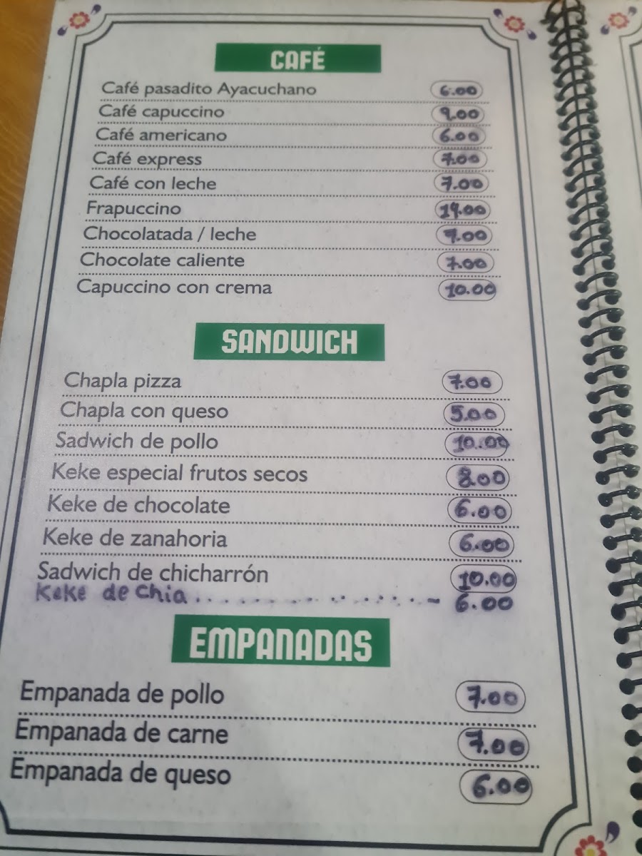 Café Ayacuchano menu board