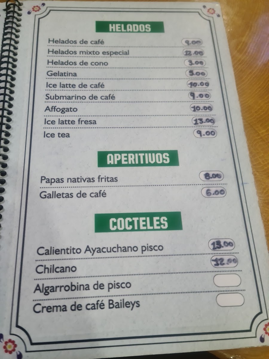 Café Ayacuchano menu board