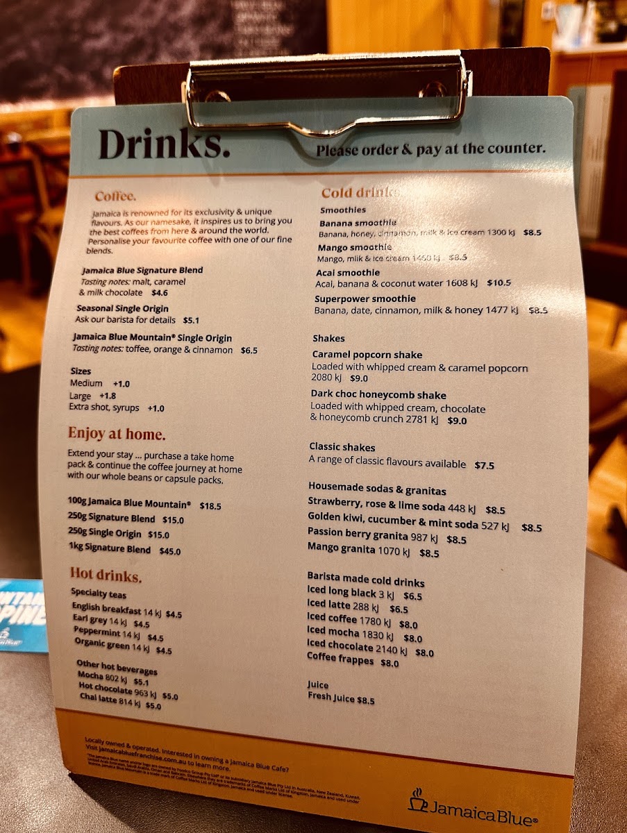 Jamaica Blue Ellenbrook menu board