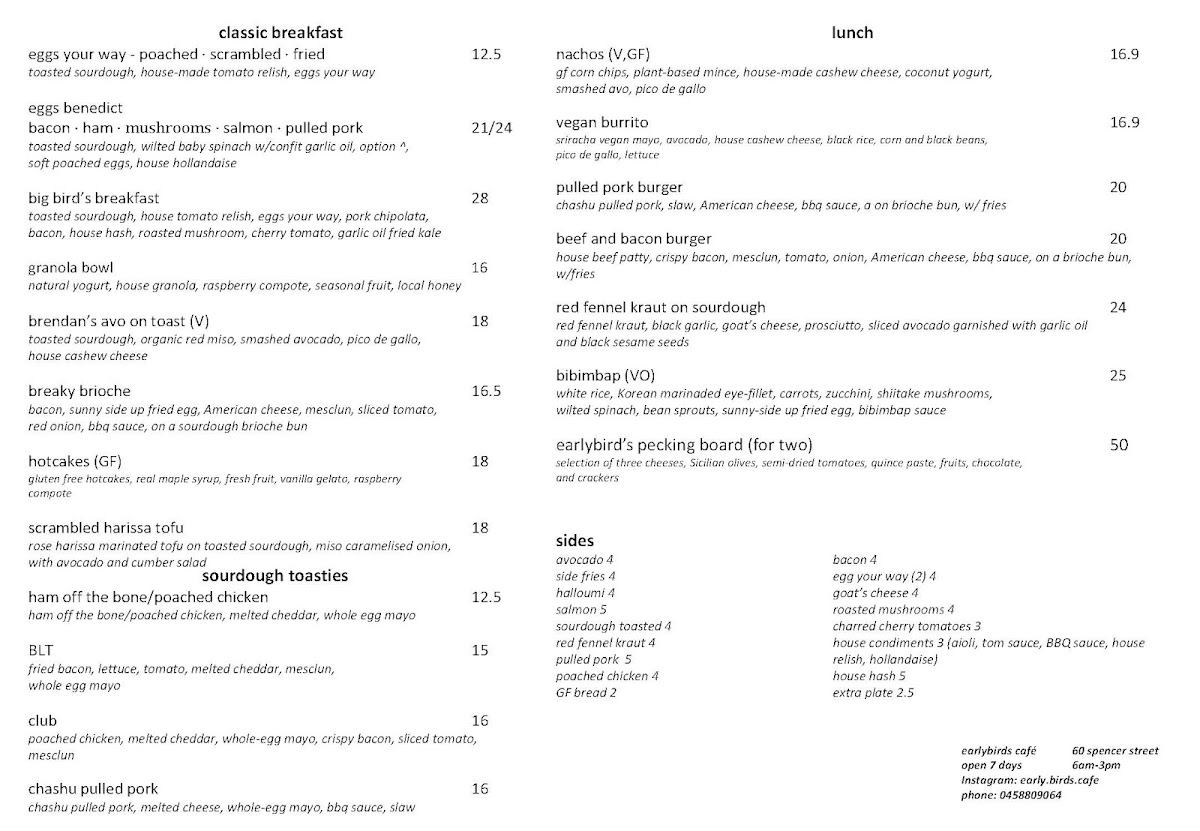 early birds cafe menu board
