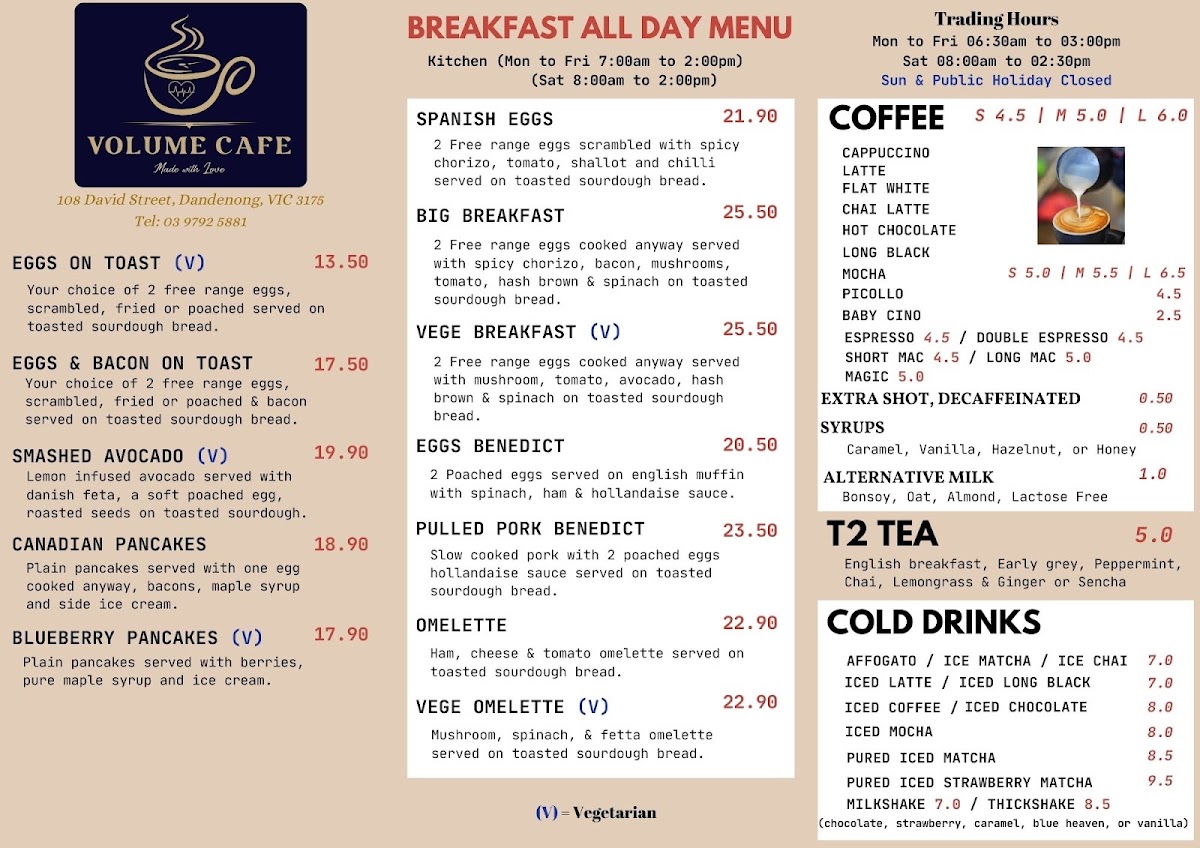 Volume Cafe Dandenong menu board