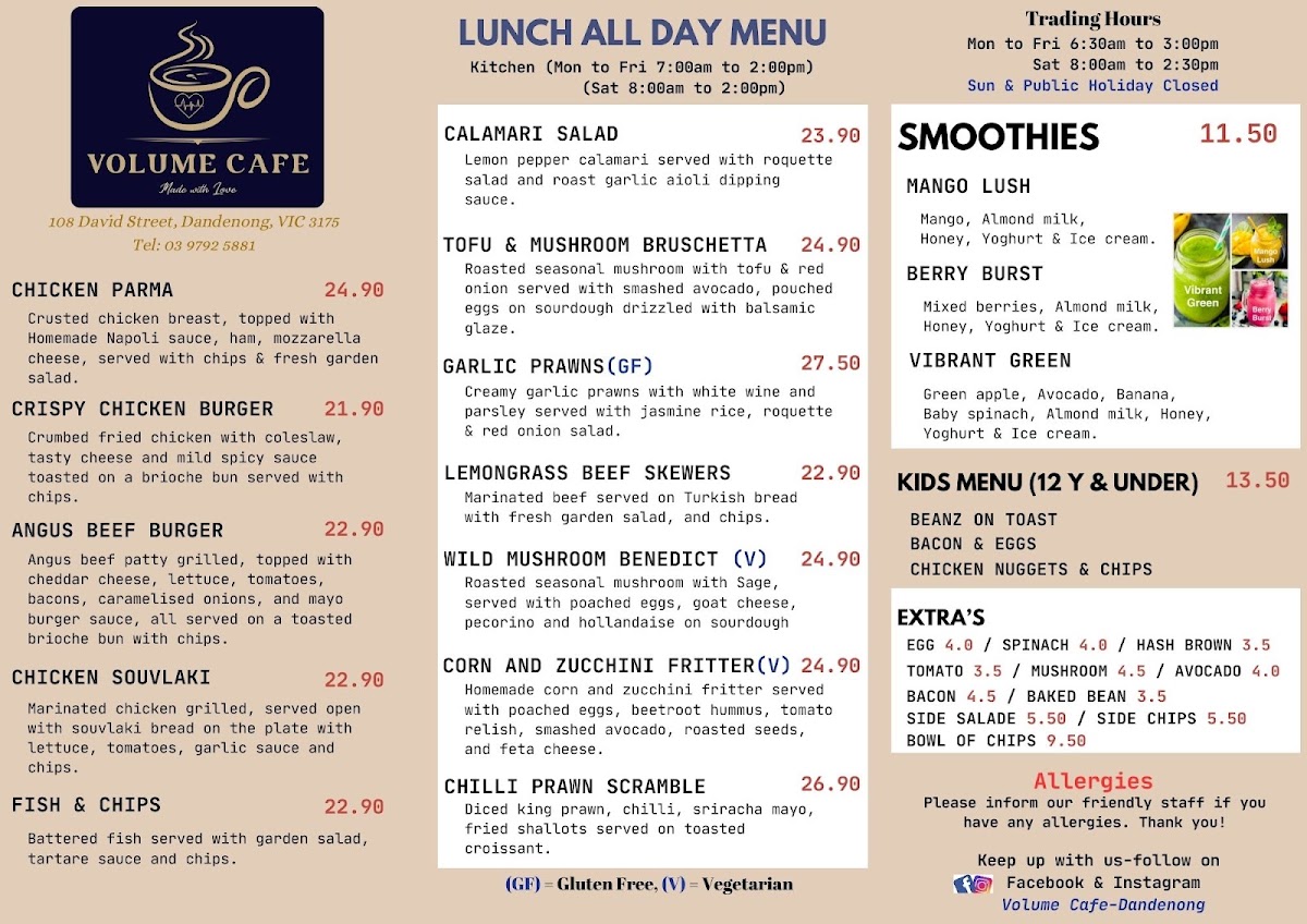Volume Cafe Dandenong menu board