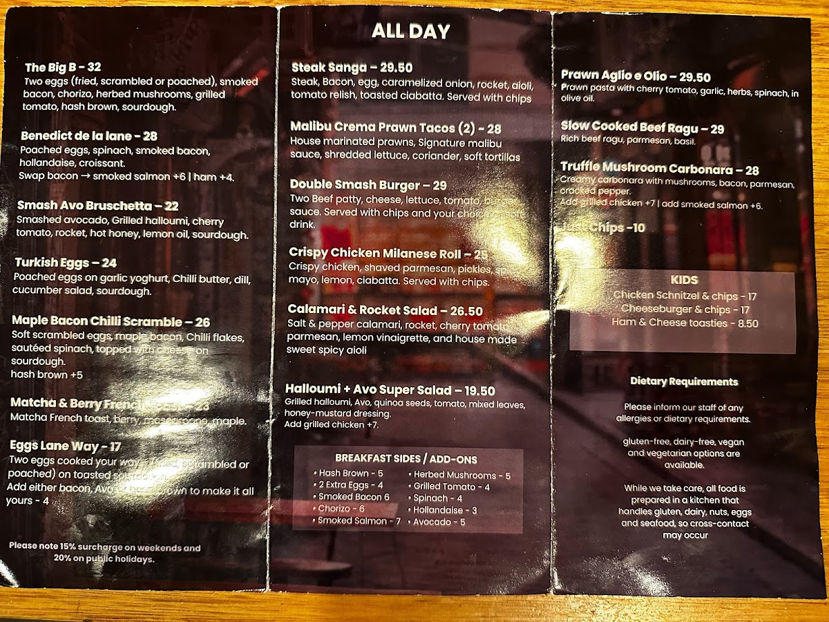 Euro Lane Cafe menu board