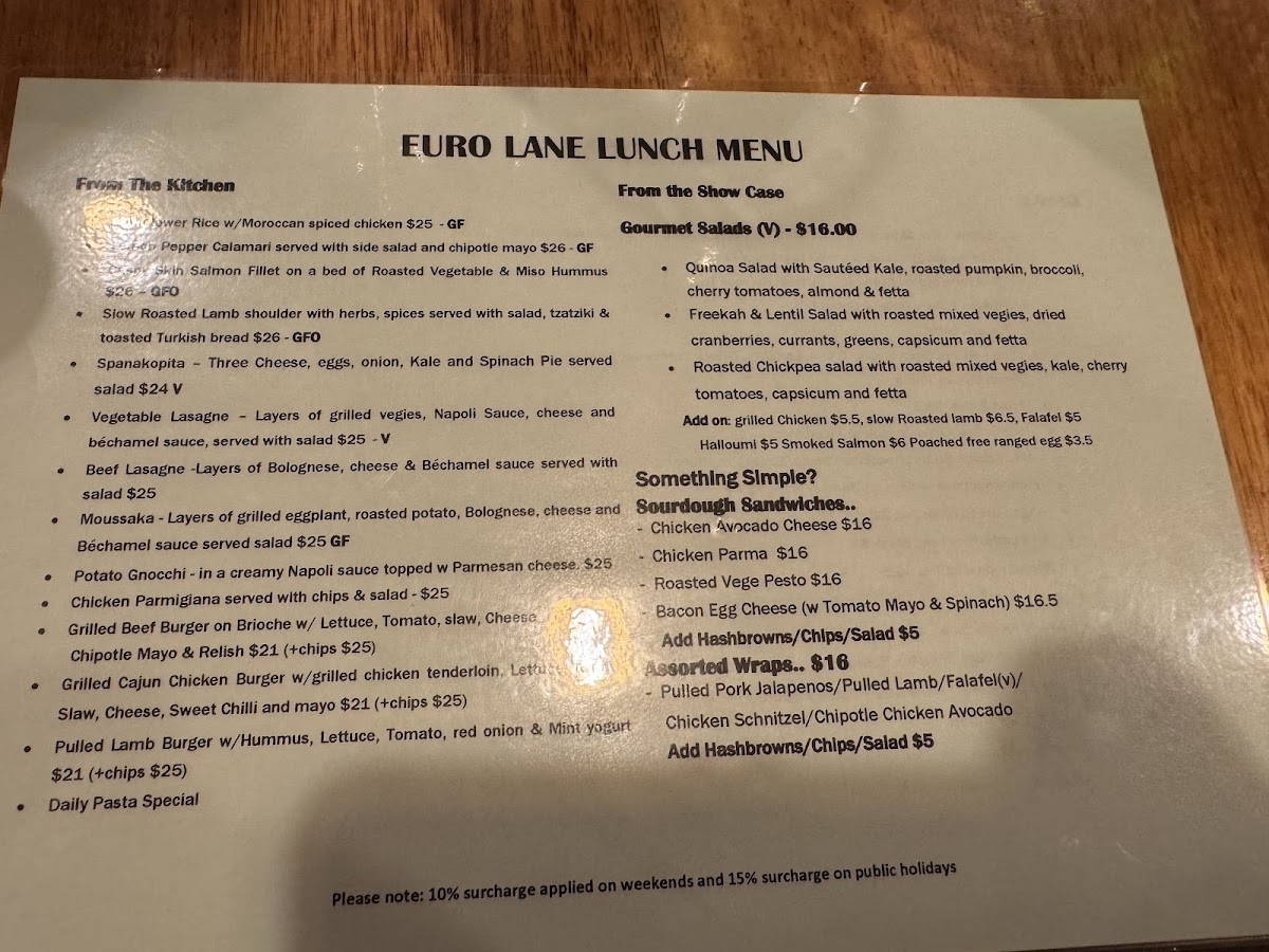 Euro Lane Cafe menu board