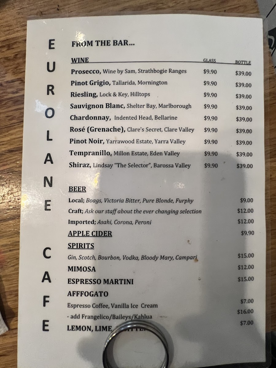 Euro Lane Cafe menu board