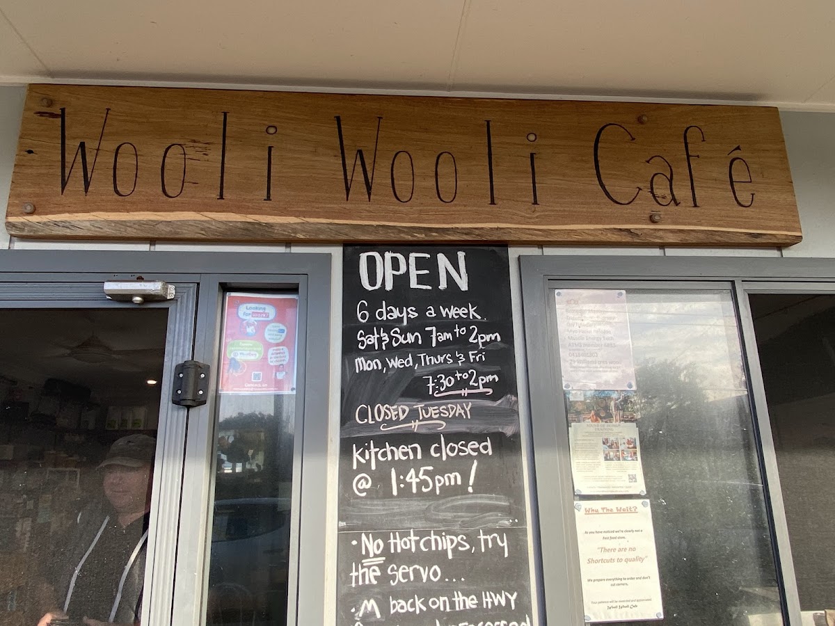 Wooli Wooli Cafe menu board