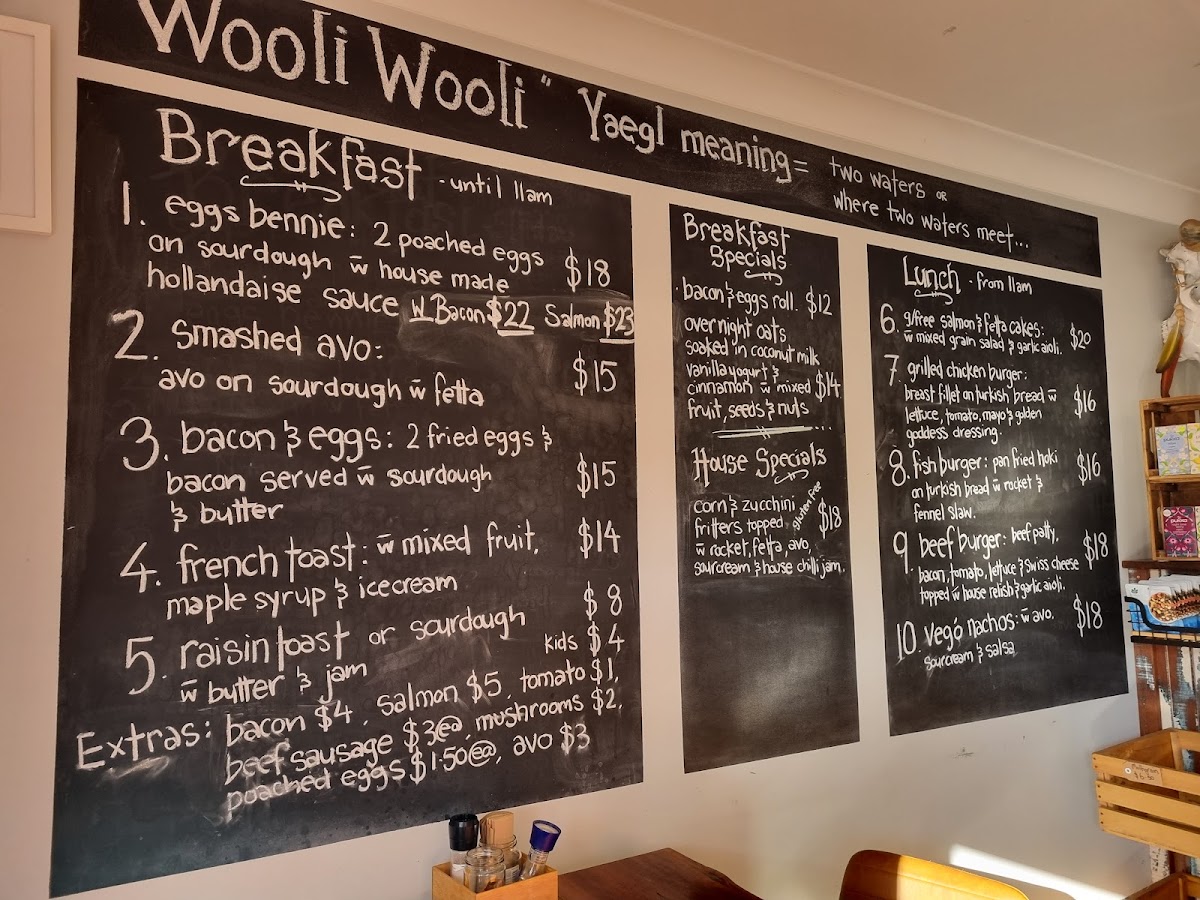 Wooli Wooli Cafe menu board