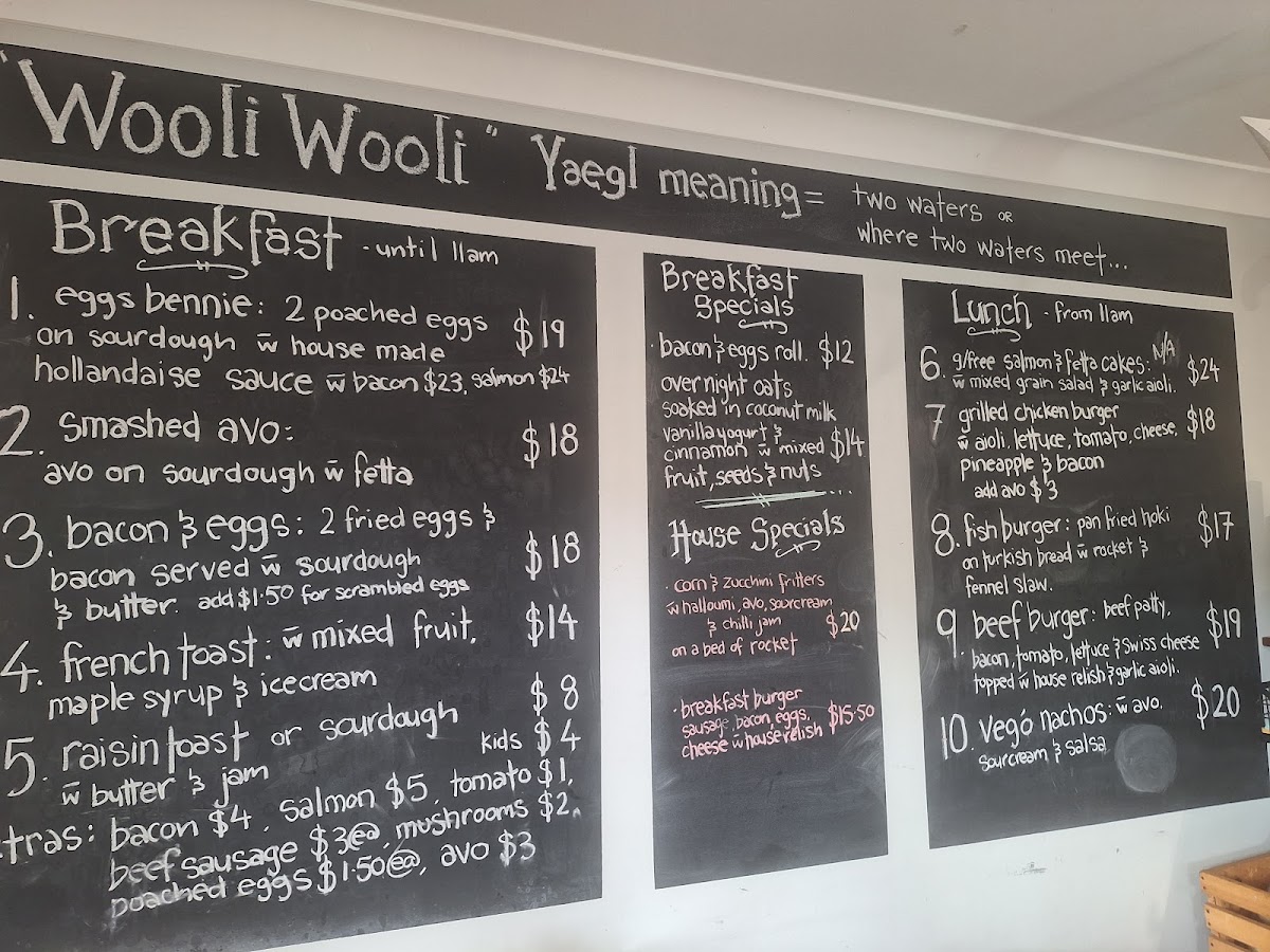 Wooli Wooli Cafe menu board