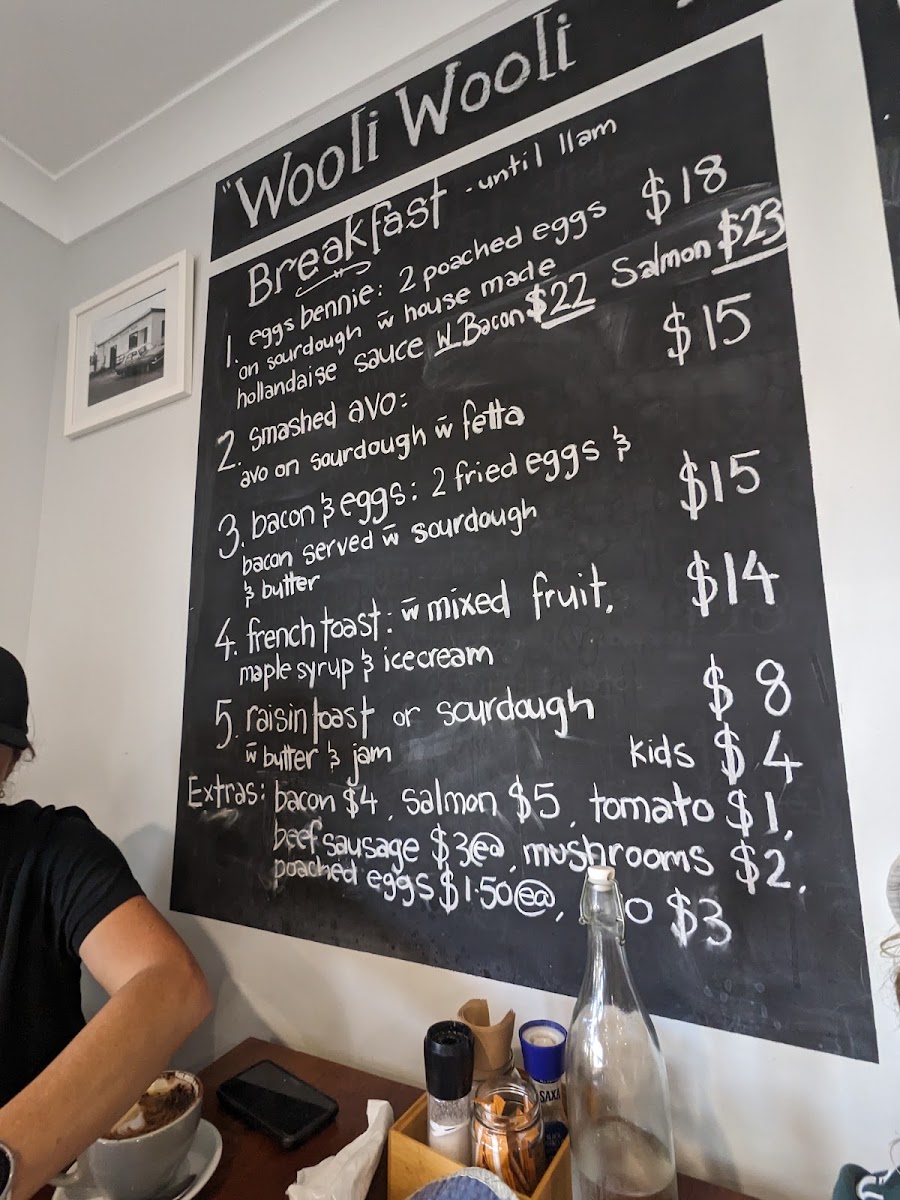 Wooli Wooli Cafe menu board