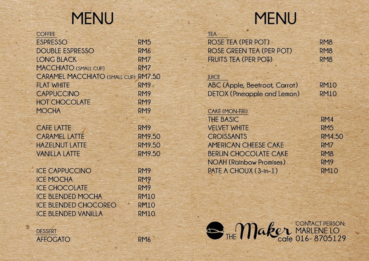 The Maker Cafe menu board