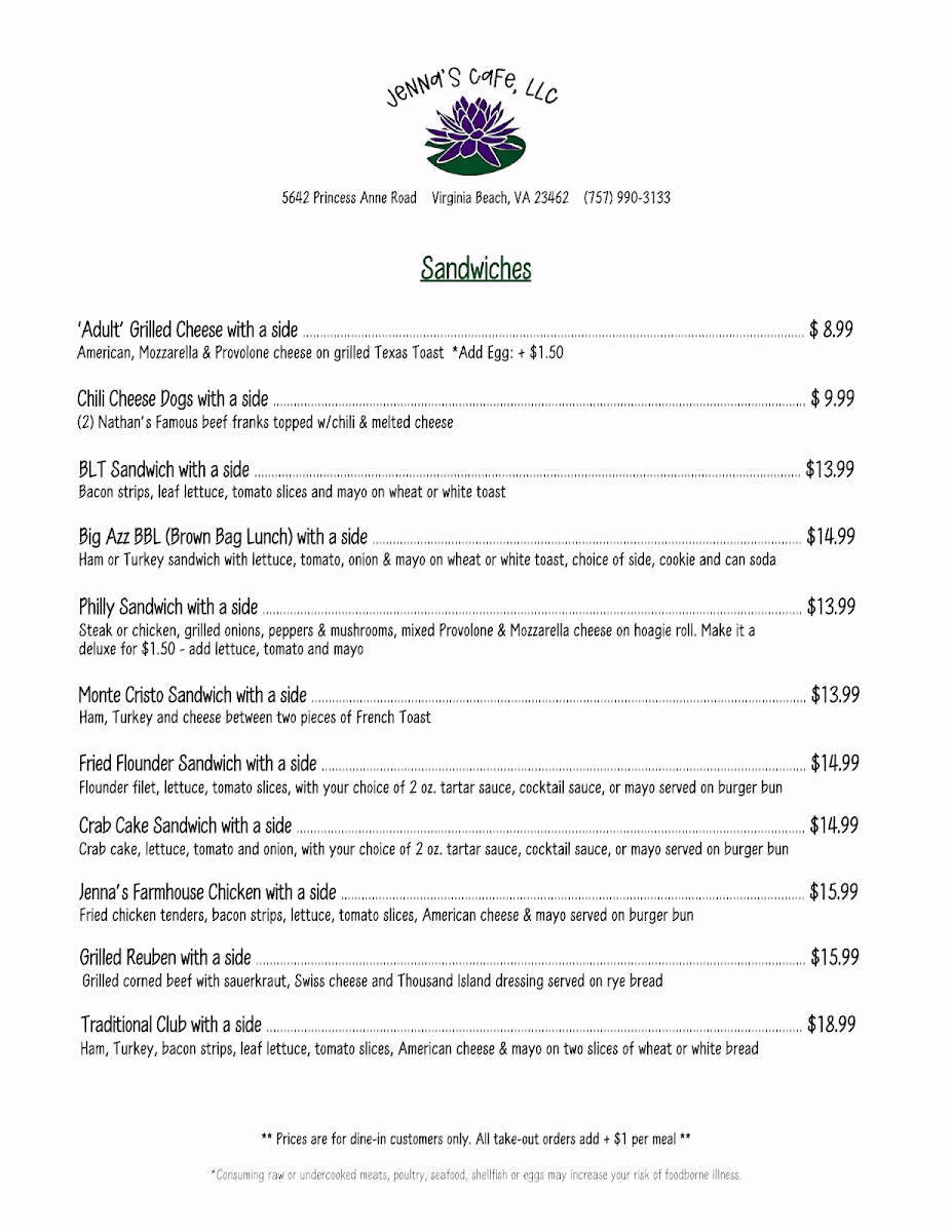 Jenna’s Cafe LLC. menu board
