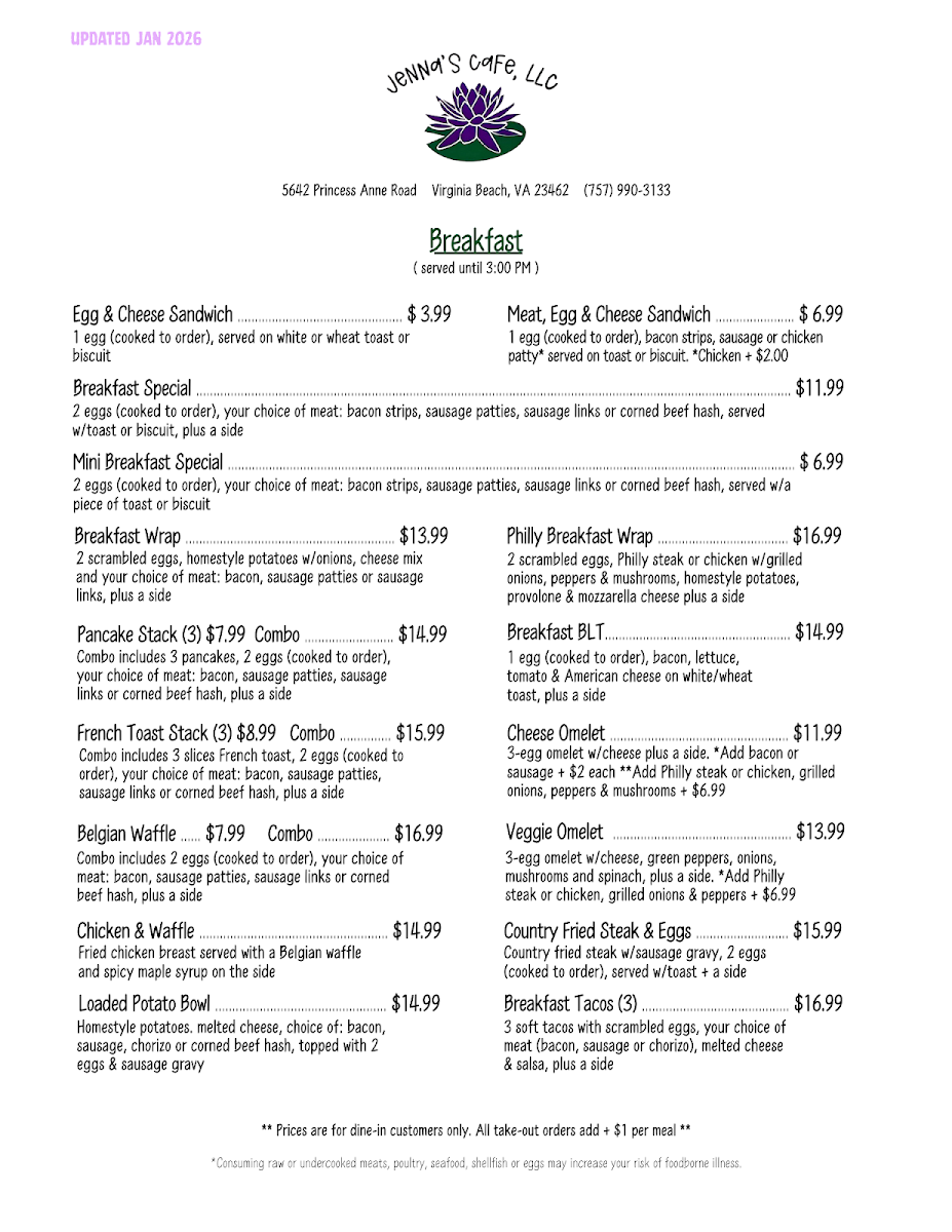 Jenna’s Cafe LLC. menu board