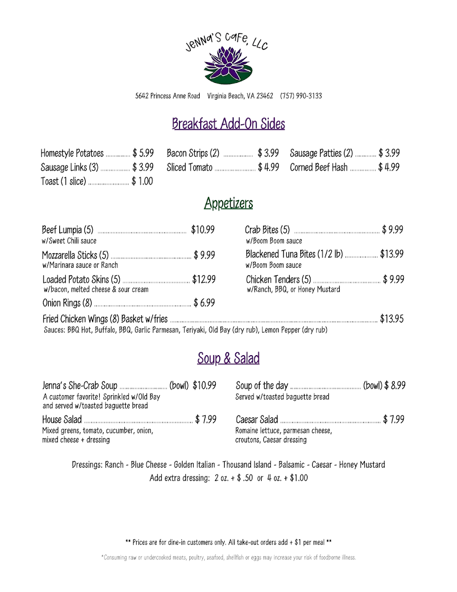 Jenna’s Cafe LLC. menu board