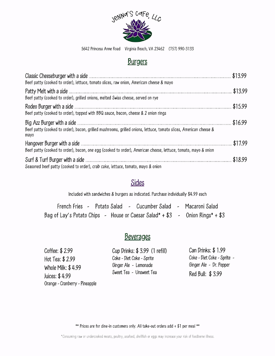 Jenna’s Cafe LLC. menu board