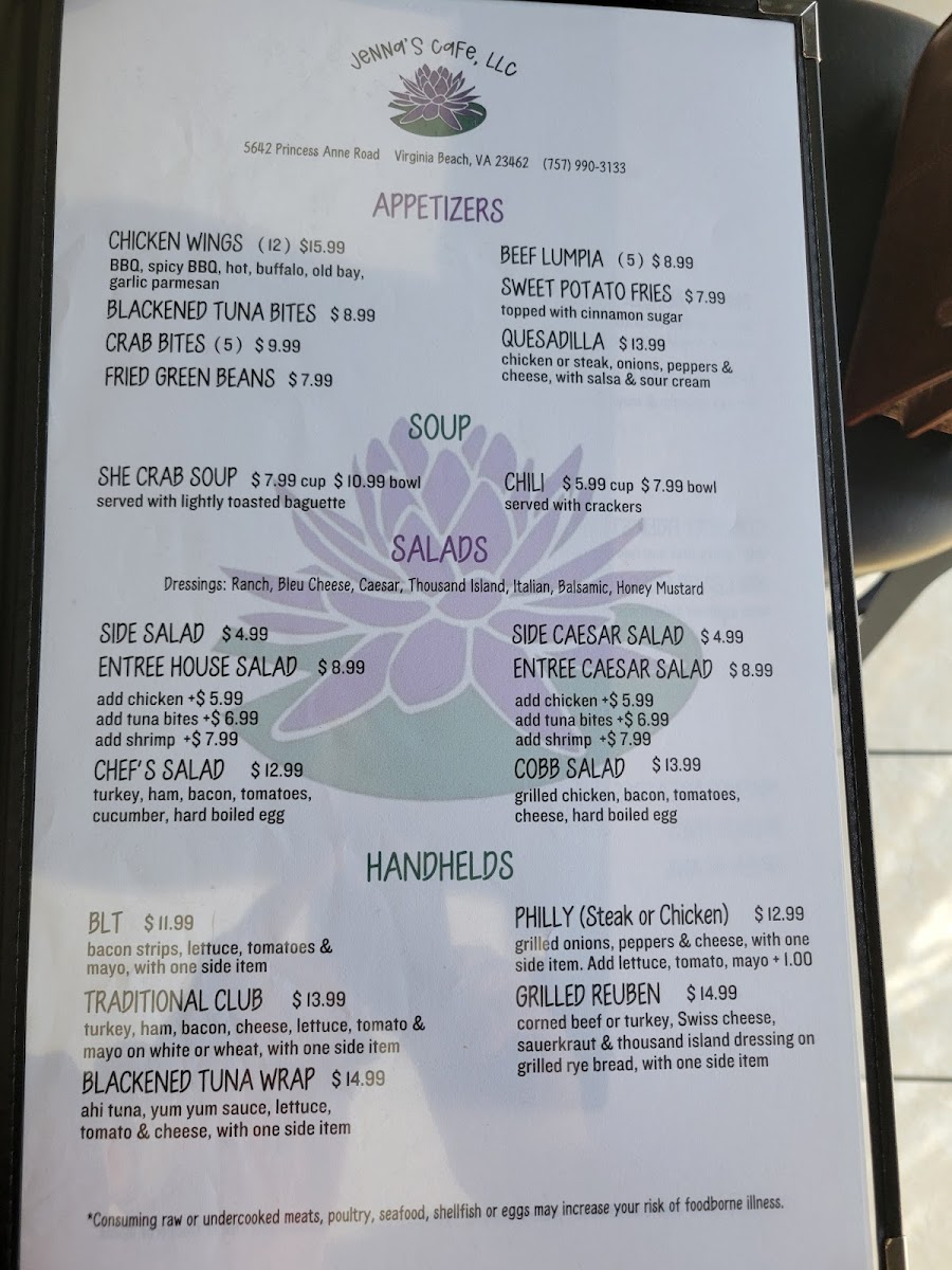 Jenna’s Cafe LLC. menu board