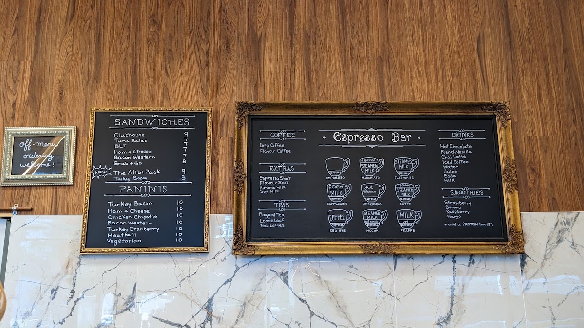 Alibi Coffee Bar menu board