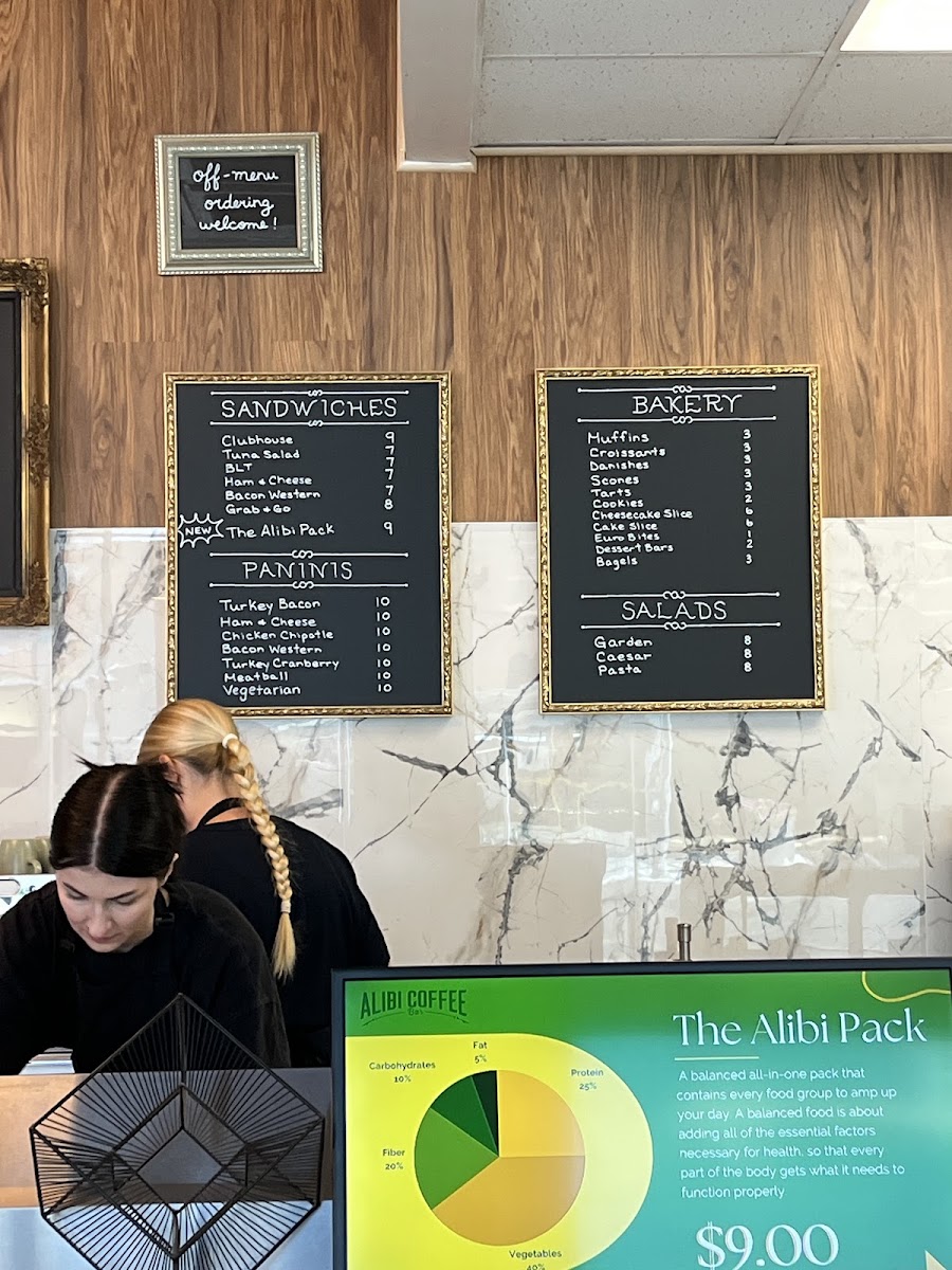 Alibi Coffee Bar menu board