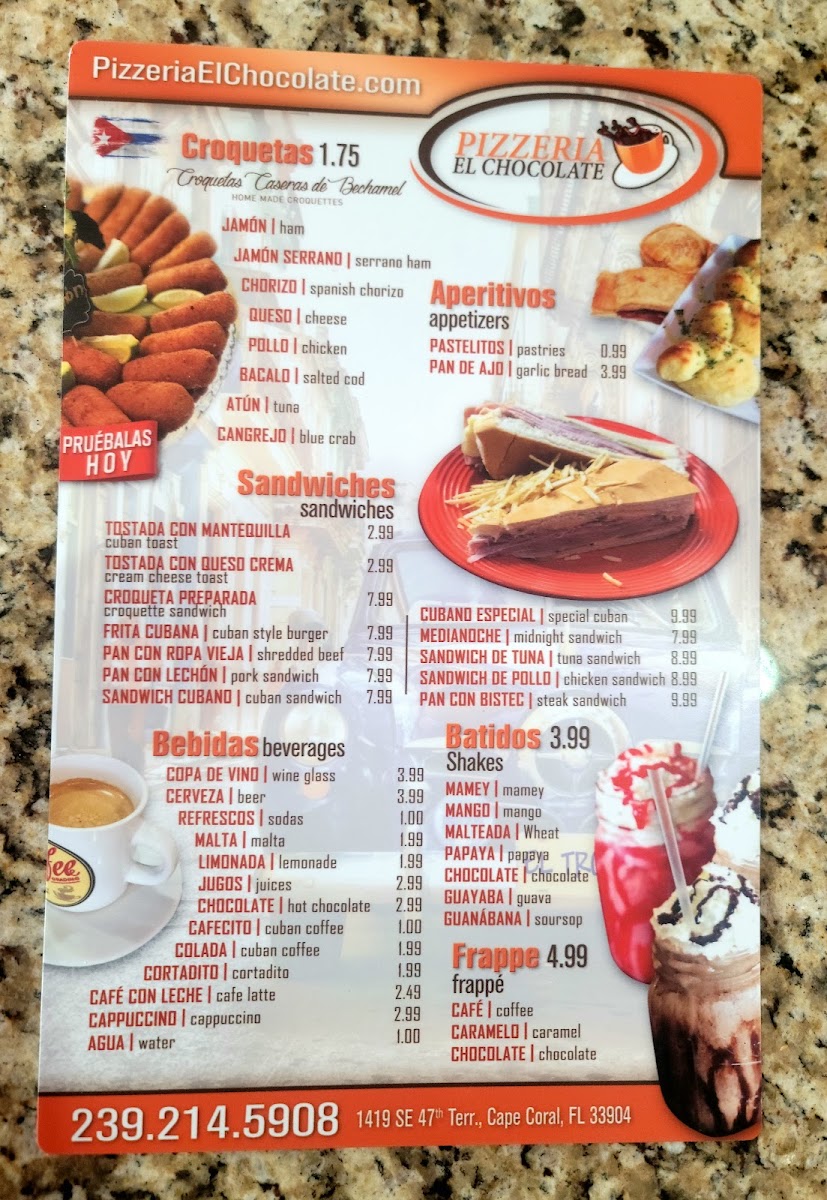Cafeteria El Chocolate menu board