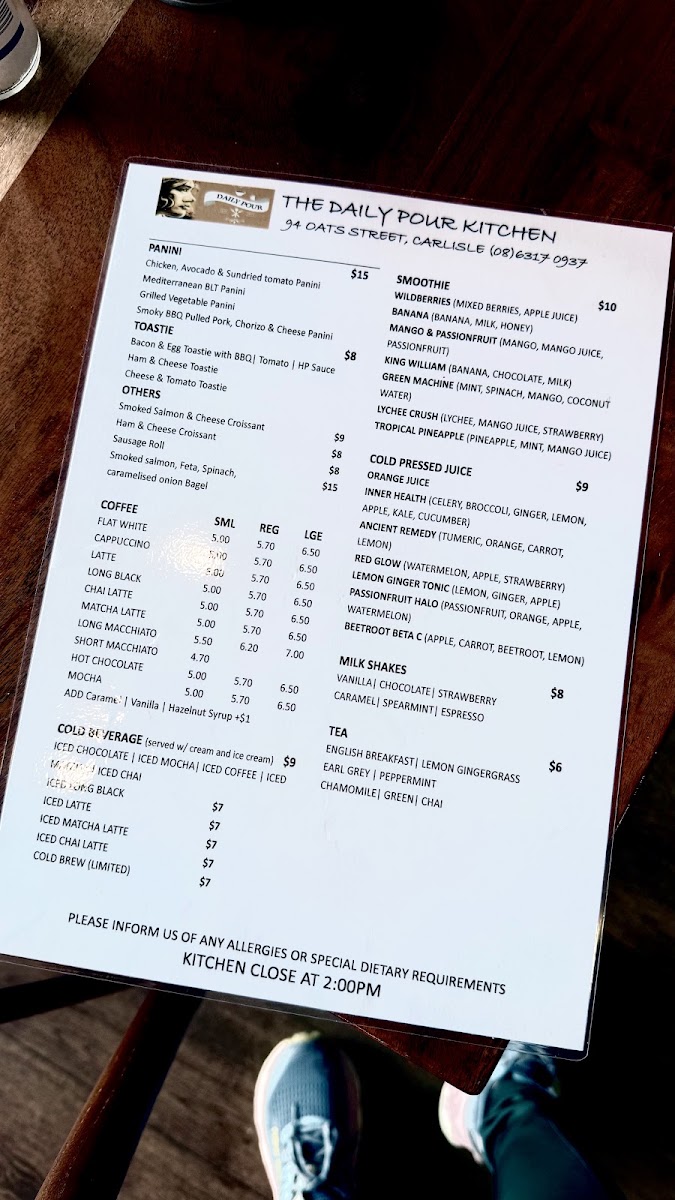 The Daily Pour Kitchen menu board
