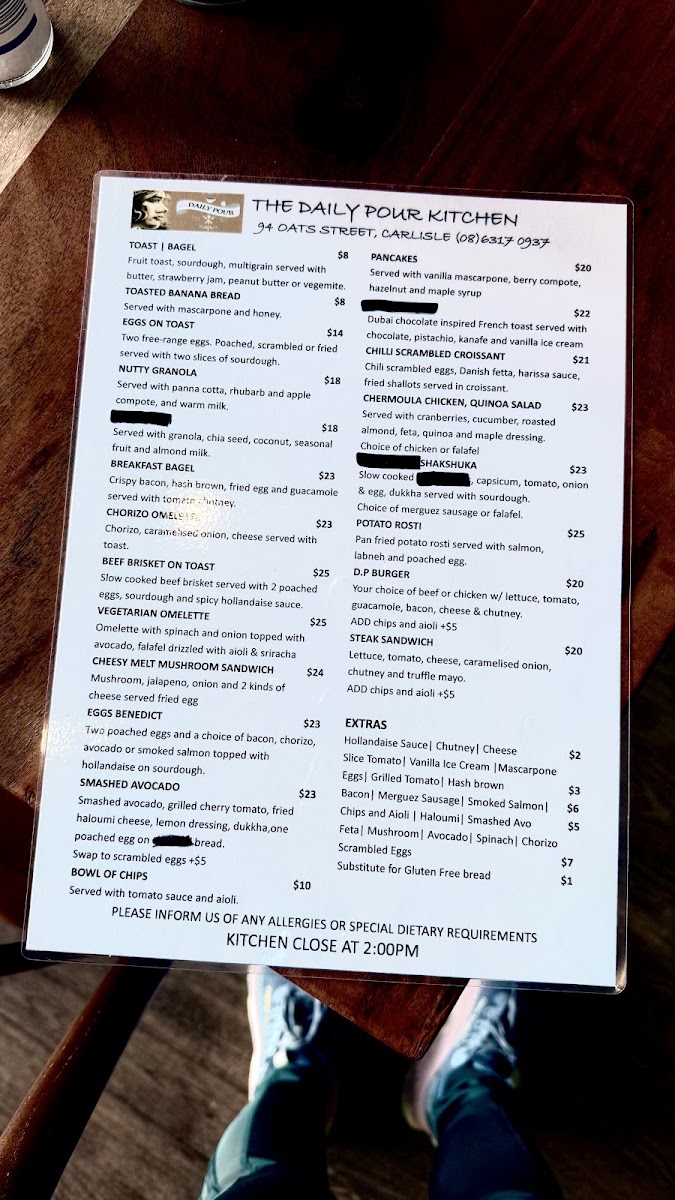 The Daily Pour Kitchen menu board