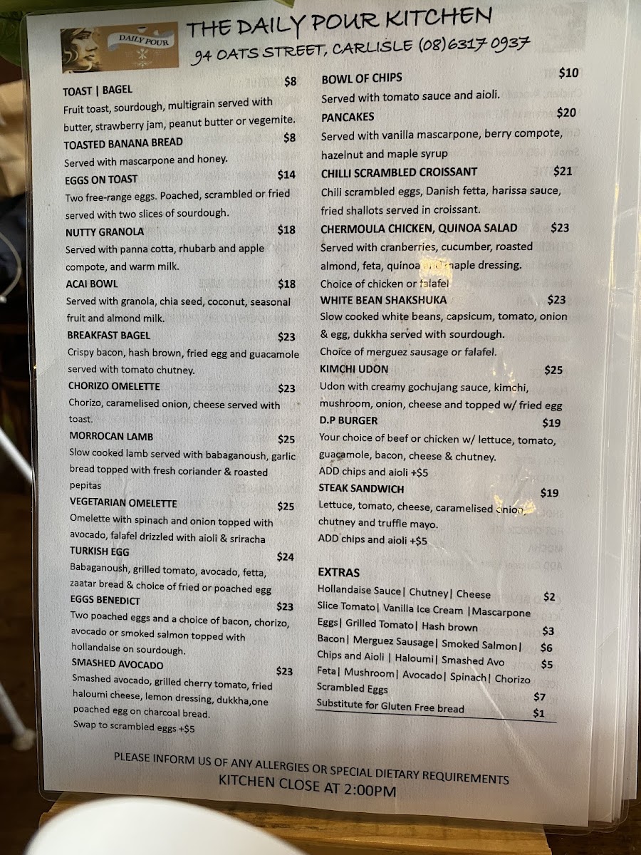 The Daily Pour Kitchen menu board