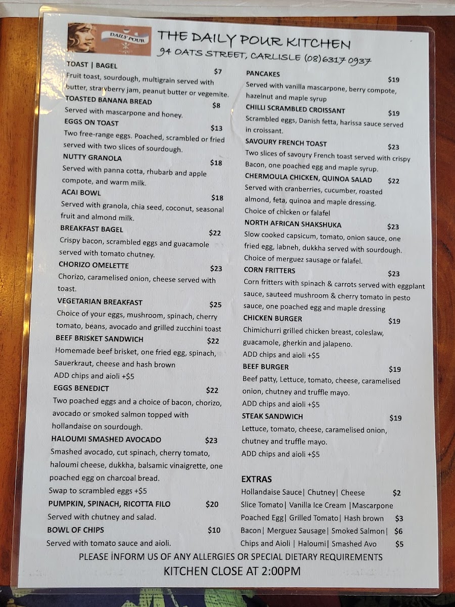 The Daily Pour Kitchen menu board