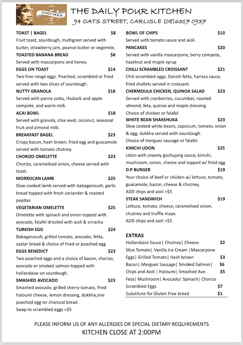 The Daily Pour Kitchen menu board