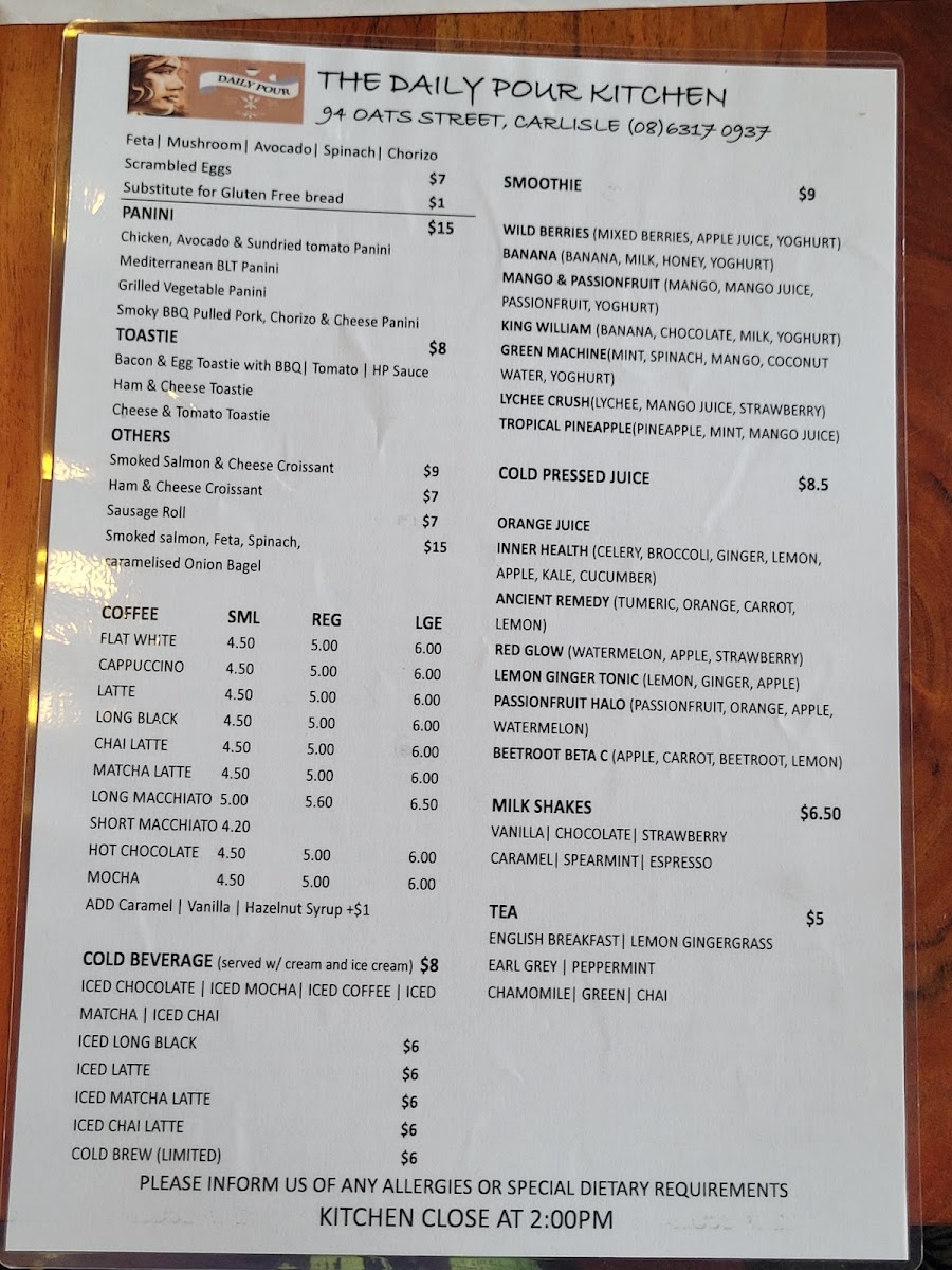 The Daily Pour Kitchen menu board