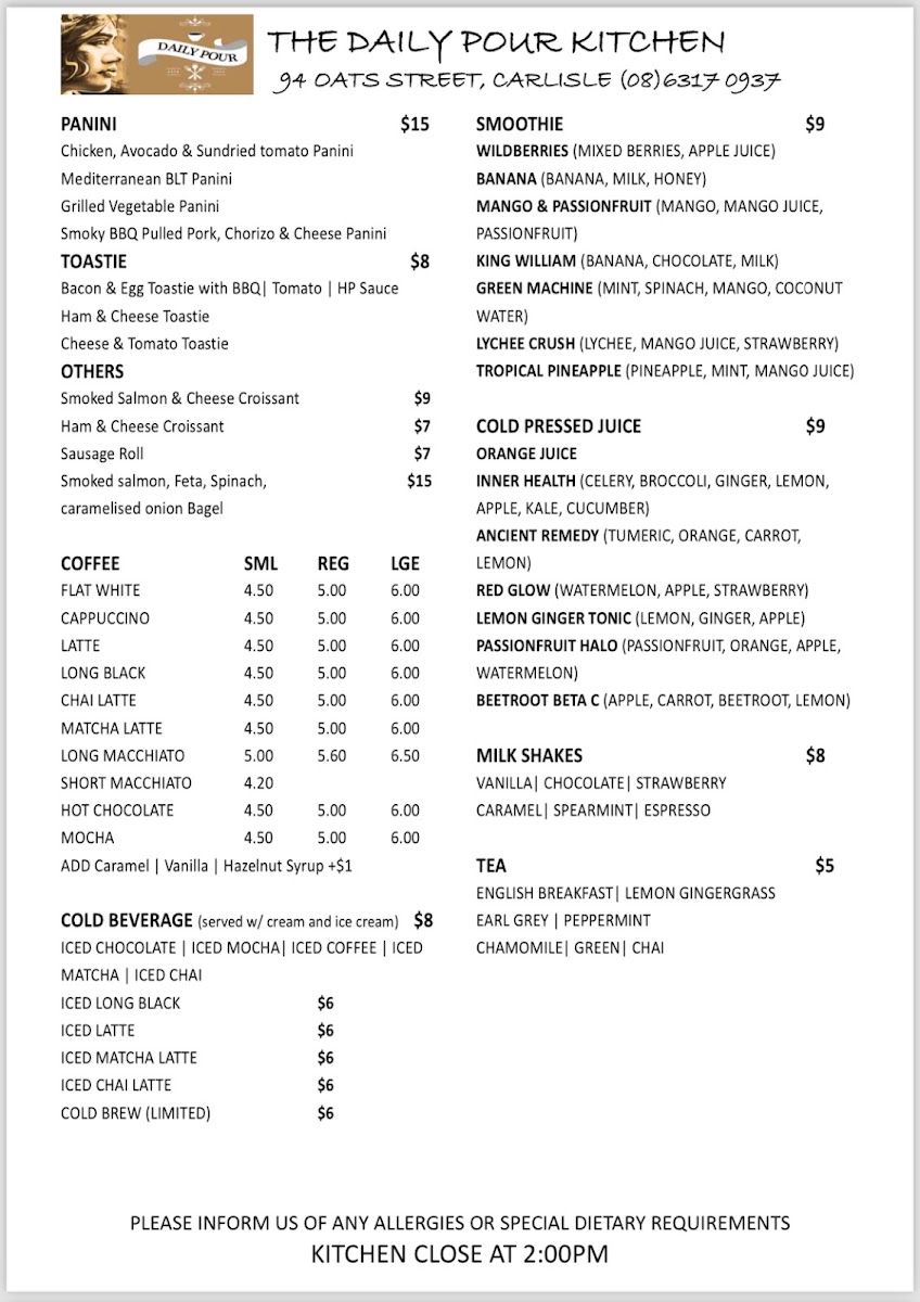 The Daily Pour Kitchen menu board