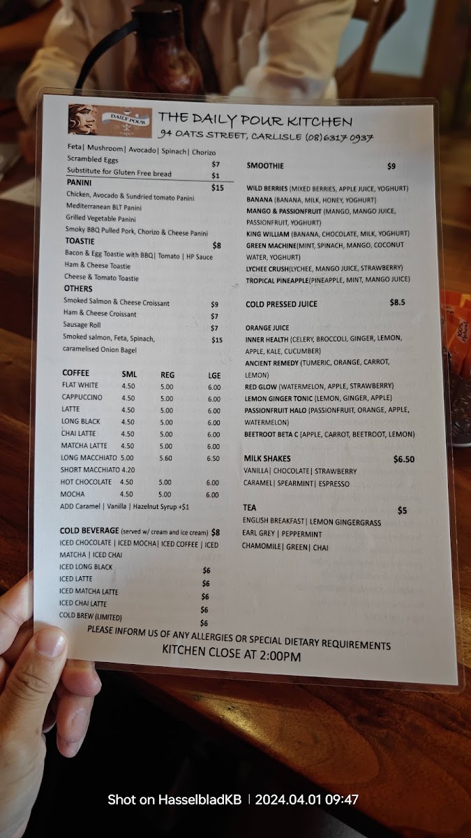 The Daily Pour Kitchen menu board
