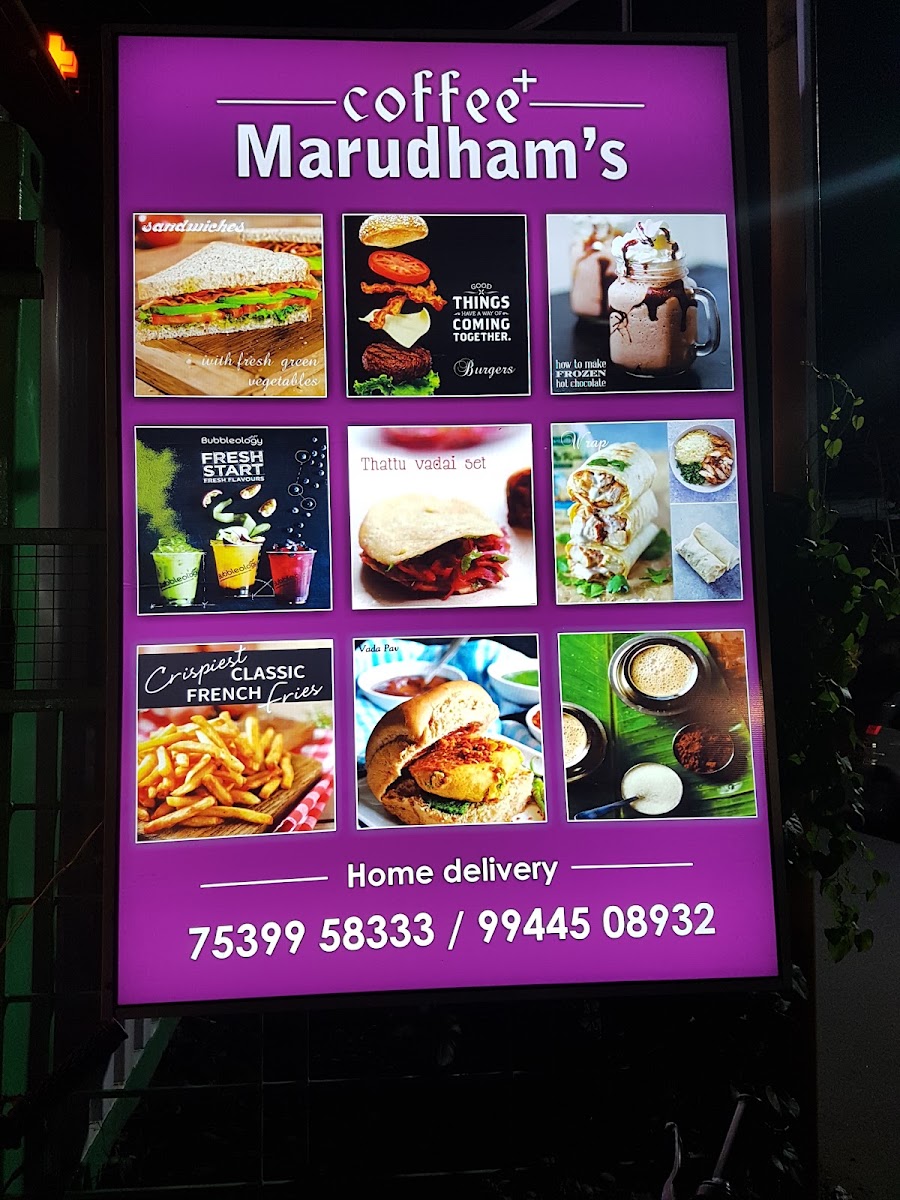 Marutham's Coffee menu board