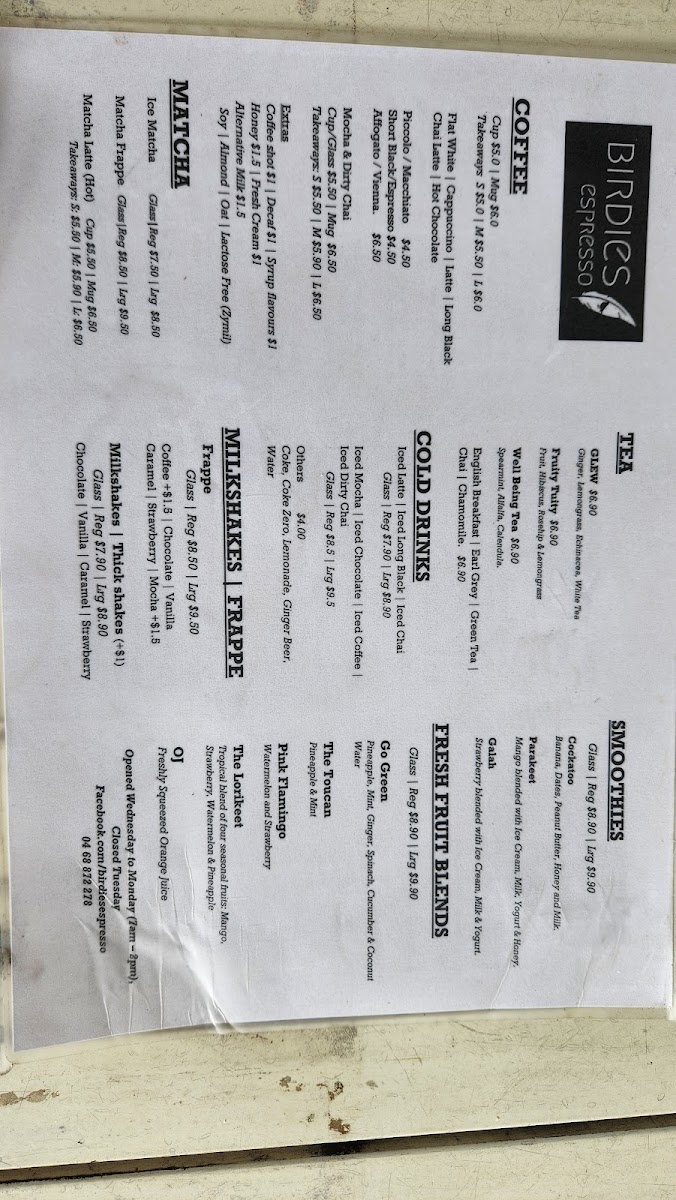 Birdies Espresso menu board