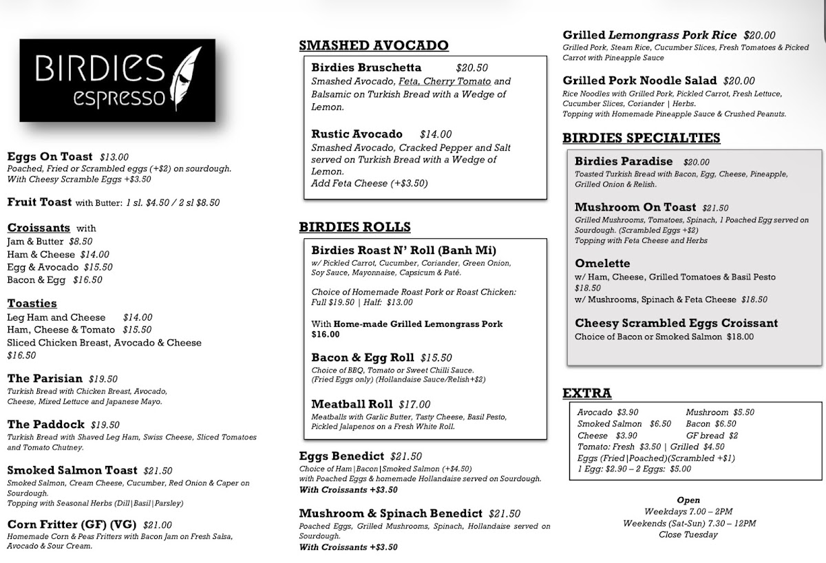 Birdies Espresso menu board