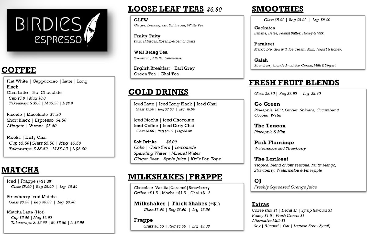 Birdies Espresso menu board