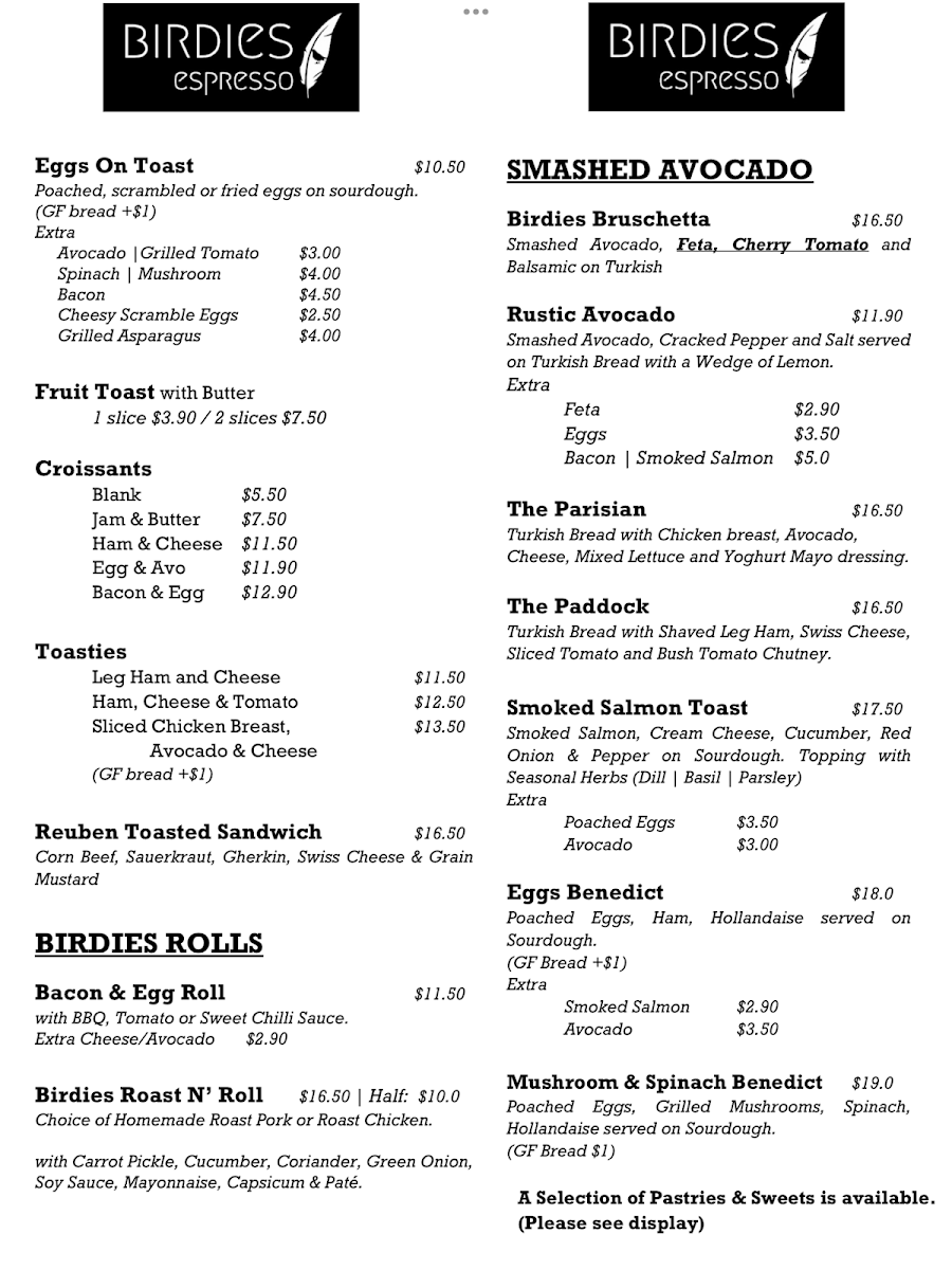 Birdies Espresso menu board
