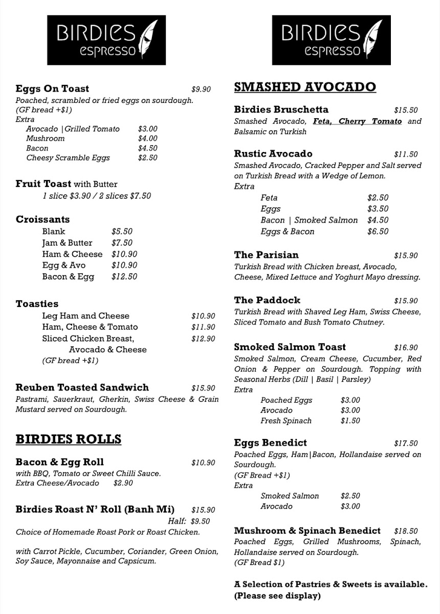 Birdies Espresso menu board
