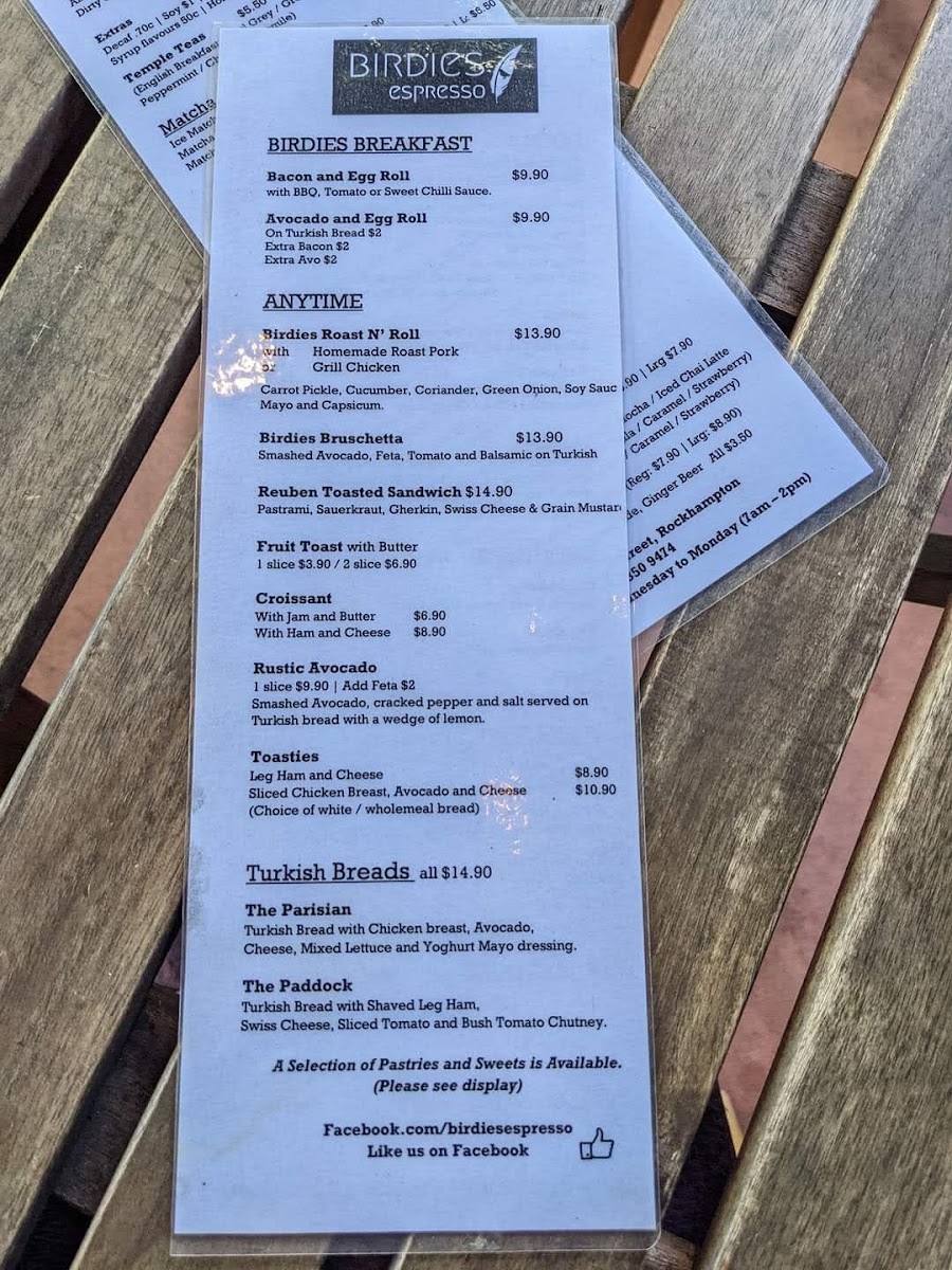 Birdies Espresso menu board
