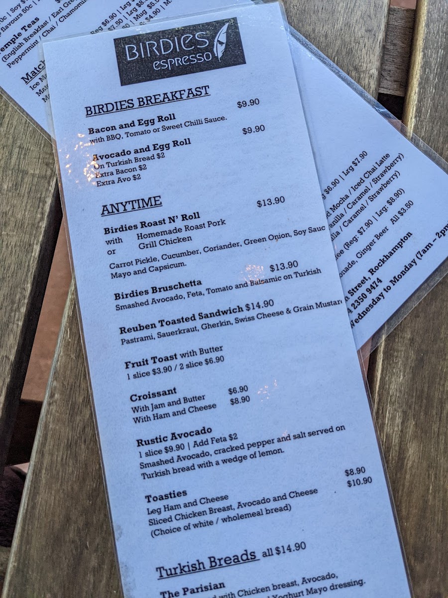 Birdies Espresso menu board