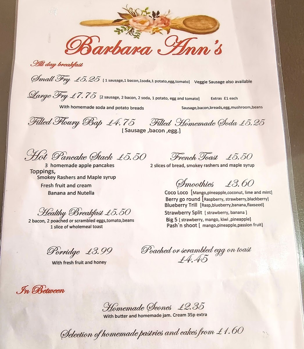 Barbara Ann's Cafe & Bakery menu board